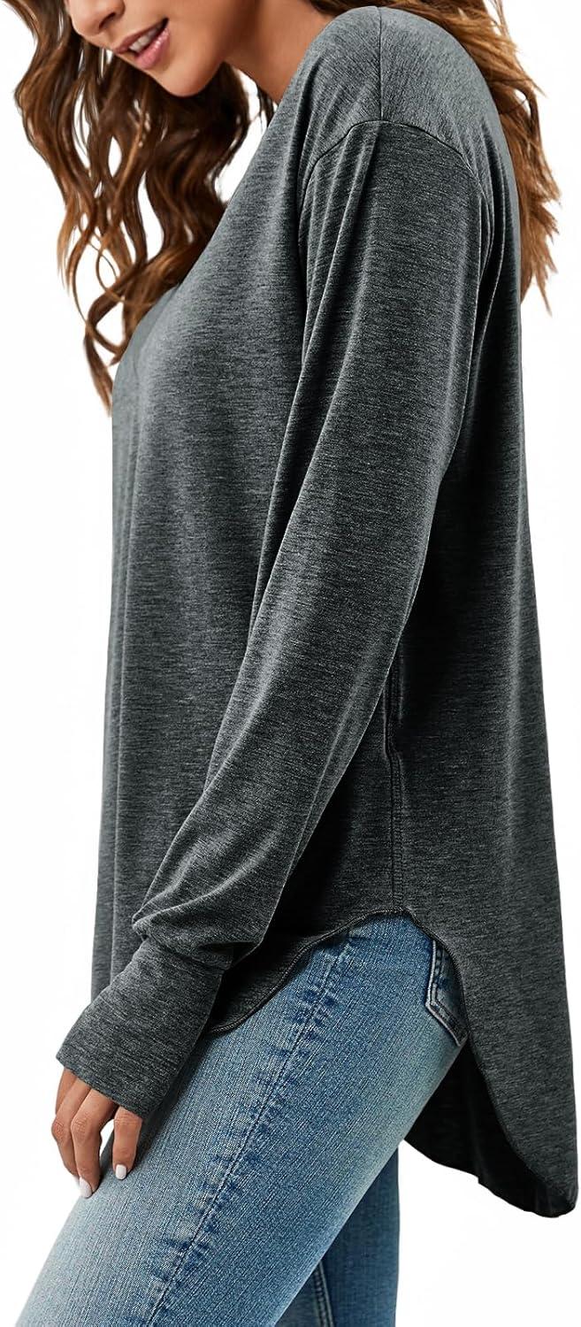 imageTankaneo Womens Deep V Neck Tunic Tops Long Sleeve Oversized Casual Loose Fit Curved Hem T ShirtsDark Grey