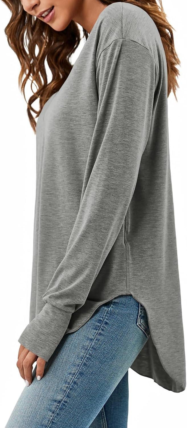 imageTankaneo Womens Deep V Neck Tunic Tops Long Sleeve Oversized Casual Loose Fit Curved Hem T ShirtsGrey
