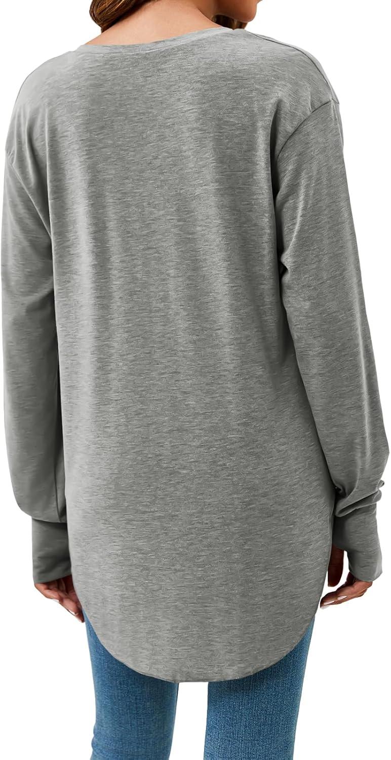 imageTankaneo Womens Deep V Neck Tunic Tops Long Sleeve Oversized Casual Loose Fit Curved Hem T ShirtsGrey