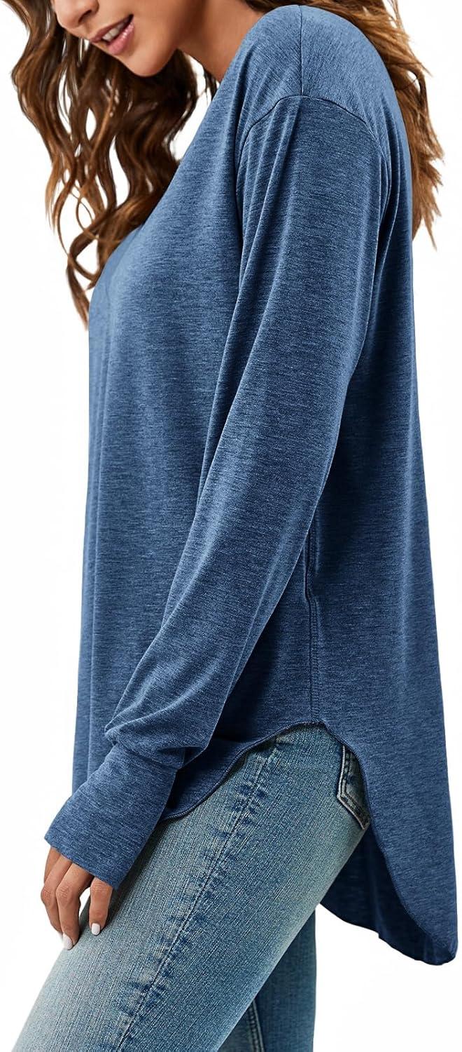 imageTankaneo Womens Deep V Neck Tunic Tops Long Sleeve Oversized Casual Loose Fit Curved Hem T ShirtsNavy