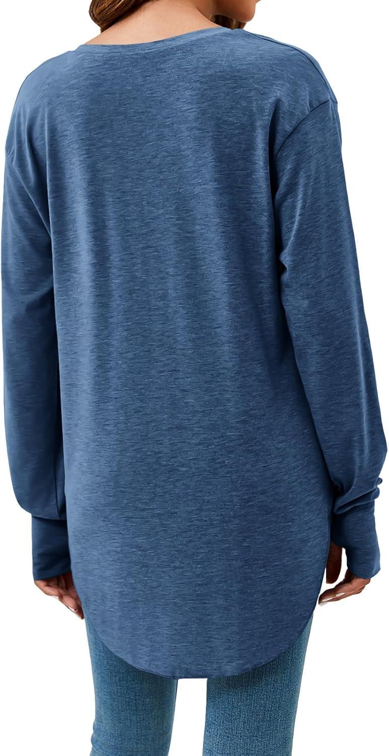 imageTankaneo Womens Deep V Neck Tunic Tops Long Sleeve Oversized Casual Loose Fit Curved Hem T ShirtsNavy