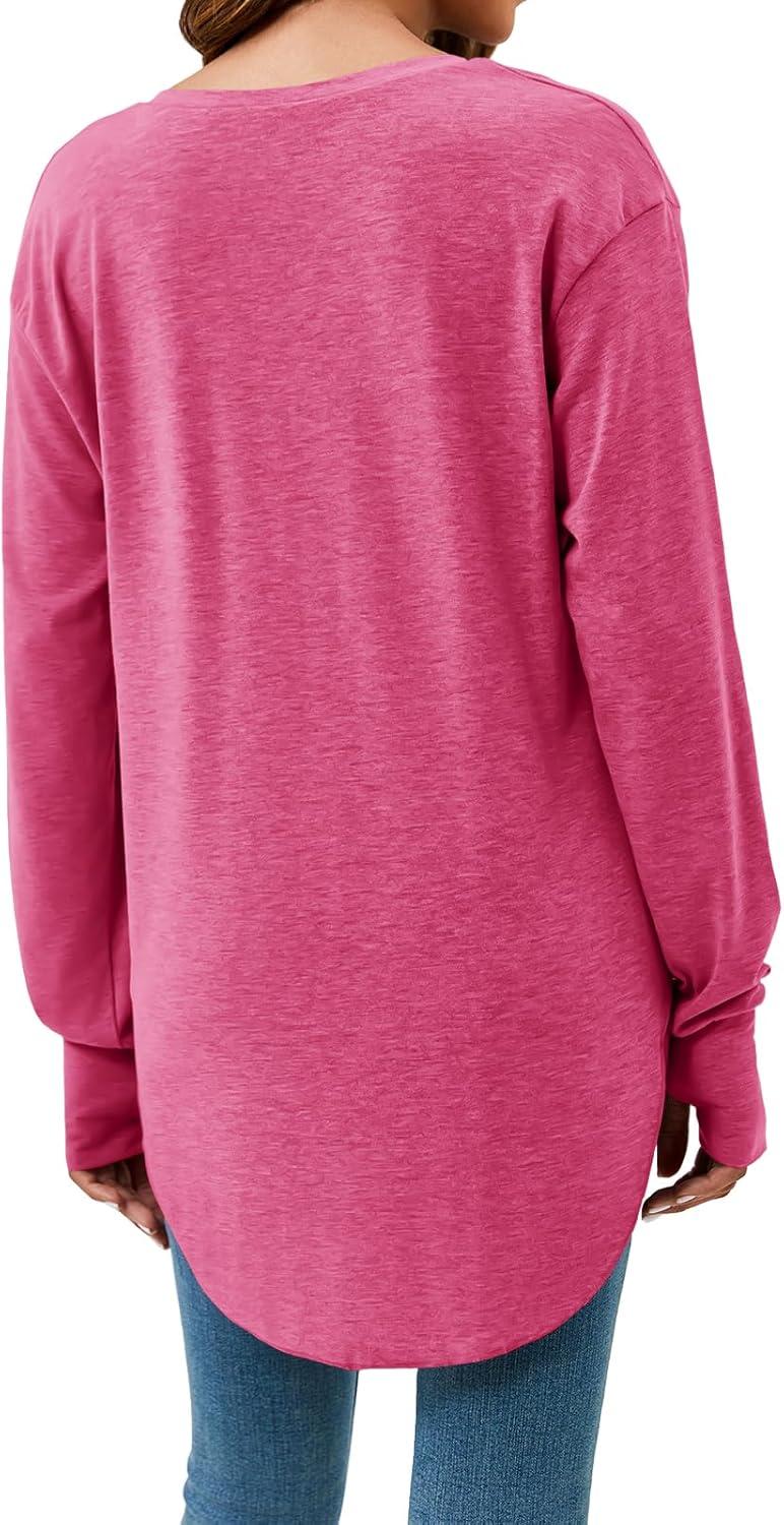 imageTankaneo Womens Deep V Neck Tunic Tops Long Sleeve Oversized Casual Loose Fit Curved Hem T ShirtsRose Red