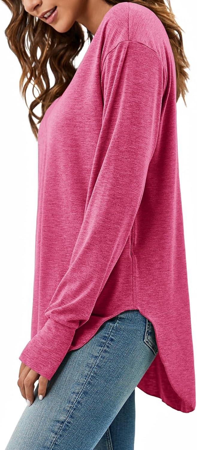 imageTankaneo Womens Deep V Neck Tunic Tops Long Sleeve Oversized Casual Loose Fit Curved Hem T ShirtsRose Red