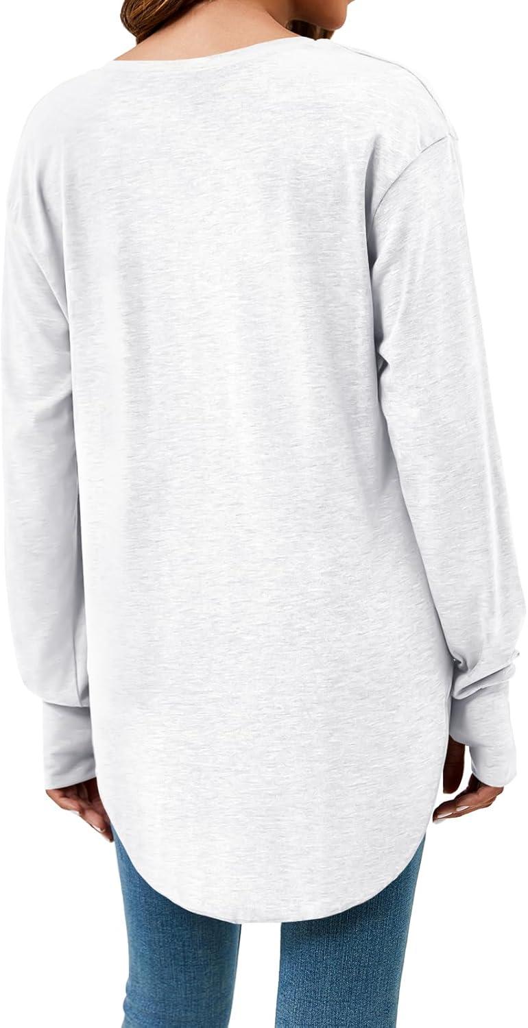 imageTankaneo Womens Deep V Neck Tunic Tops Long Sleeve Oversized Casual Loose Fit Curved Hem T ShirtsWhite