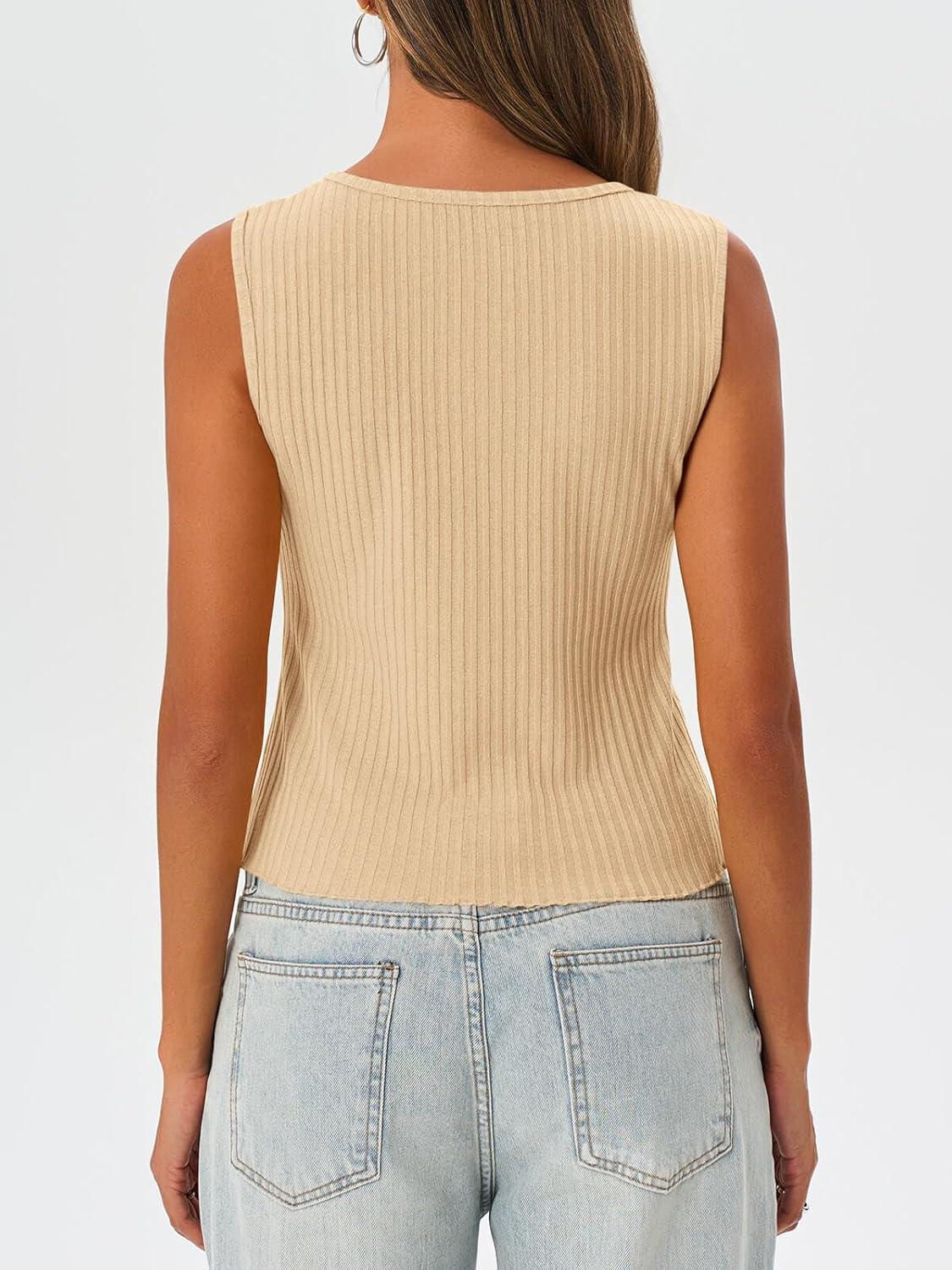 imageTankaneo Womens Going Out Tops Summer Cute Ribbed Tank Crop Button Up Vest Top Y2K Sexy OutfitsBeige