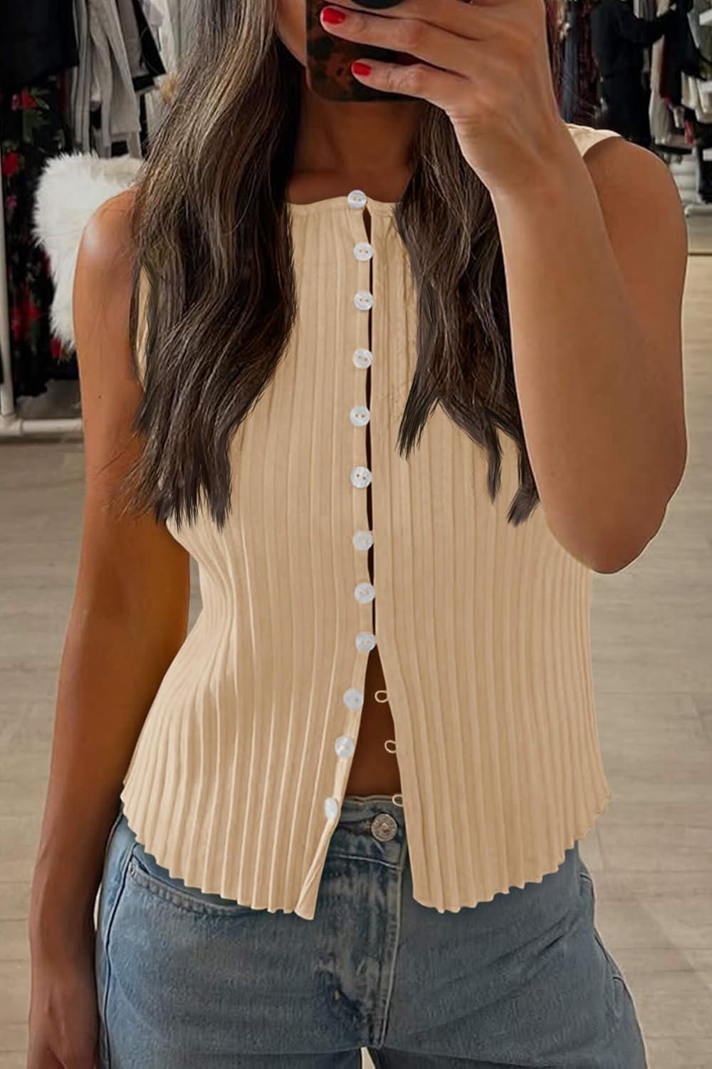 imageTankaneo Womens Going Out Tops Summer Cute Ribbed Tank Crop Button Up Vest Top Y2K Sexy OutfitsBeige