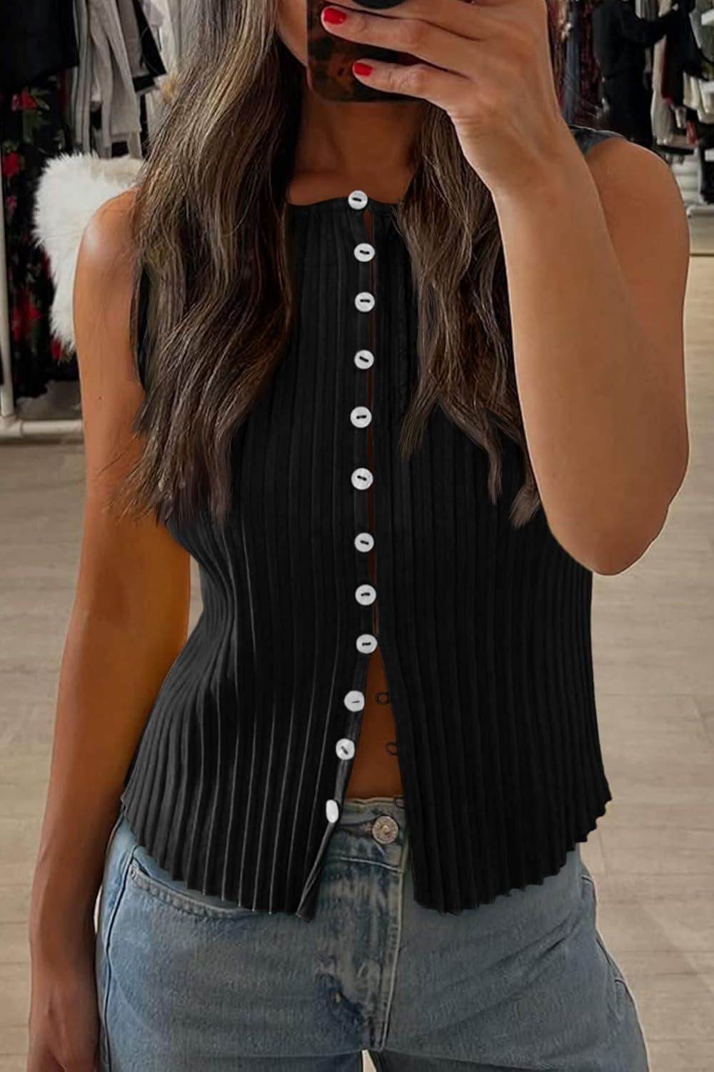 imageTankaneo Womens Going Out Tops Summer Cute Ribbed Tank Crop Button Up Vest Top Y2K Sexy OutfitsBlack
