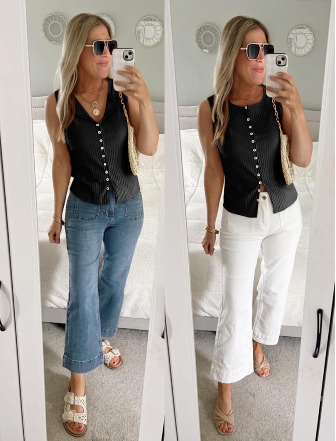 imageTankaneo Womens Going Out Tops Summer Cute Ribbed Tank Crop Button Up Vest Top Y2K Sexy OutfitsBlack