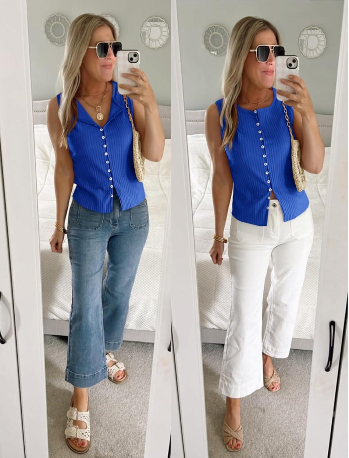 imageTankaneo Womens Going Out Tops Summer Cute Ribbed Tank Crop Button Up Vest Top Y2K Sexy OutfitsBlue