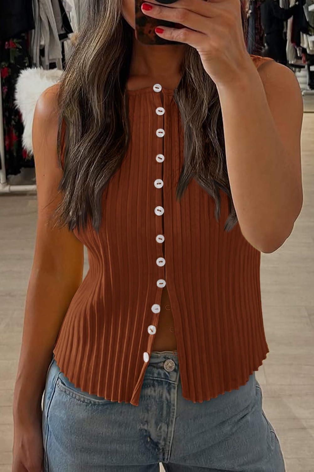 imageTankaneo Womens Going Out Tops Summer Cute Ribbed Tank Crop Button Up Vest Top Y2K Sexy OutfitsCoffee