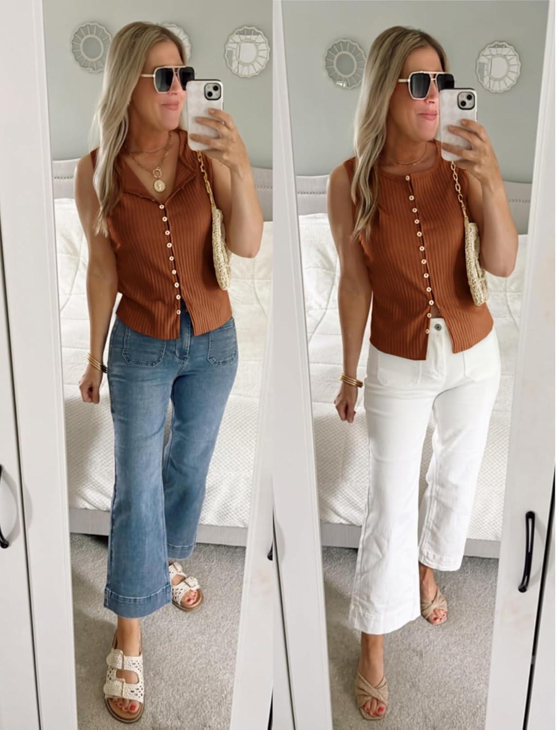 imageTankaneo Womens Going Out Tops Summer Cute Ribbed Tank Crop Button Up Vest Top Y2K Sexy OutfitsCoffee