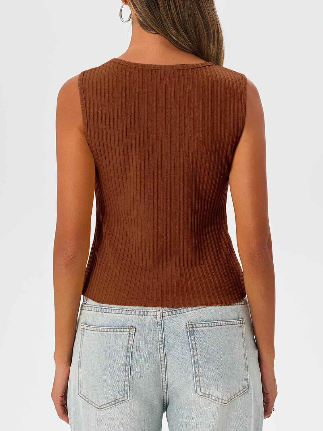 imageTankaneo Womens Going Out Tops Summer Cute Ribbed Tank Crop Button Up Vest Top Y2K Sexy OutfitsCoffee