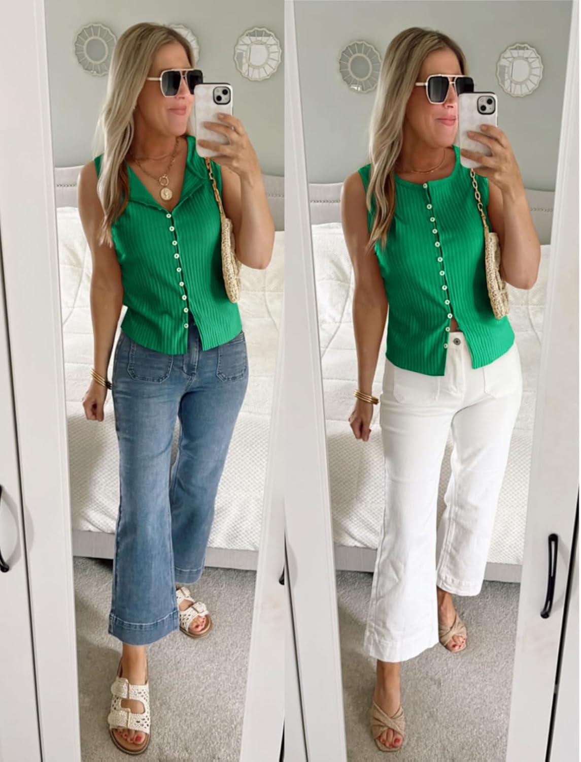 imageTankaneo Womens Going Out Tops Summer Cute Ribbed Tank Crop Button Up Vest Top Y2K Sexy OutfitsGreen