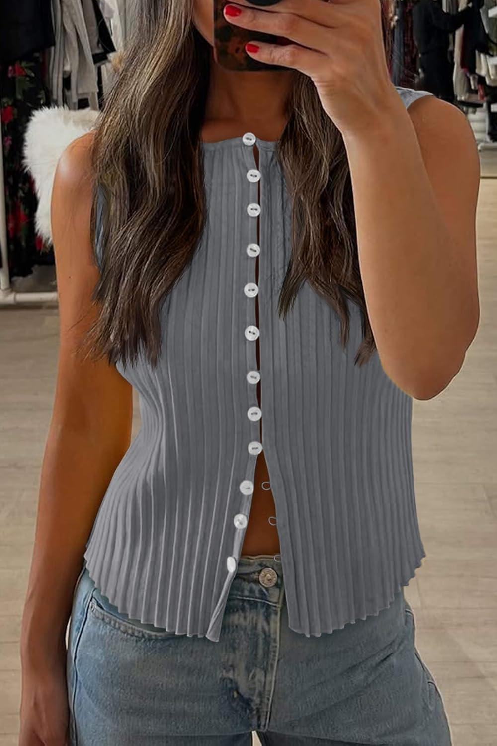 imageTankaneo Womens Going Out Tops Summer Cute Ribbed Tank Crop Button Up Vest Top Y2K Sexy OutfitsGrey