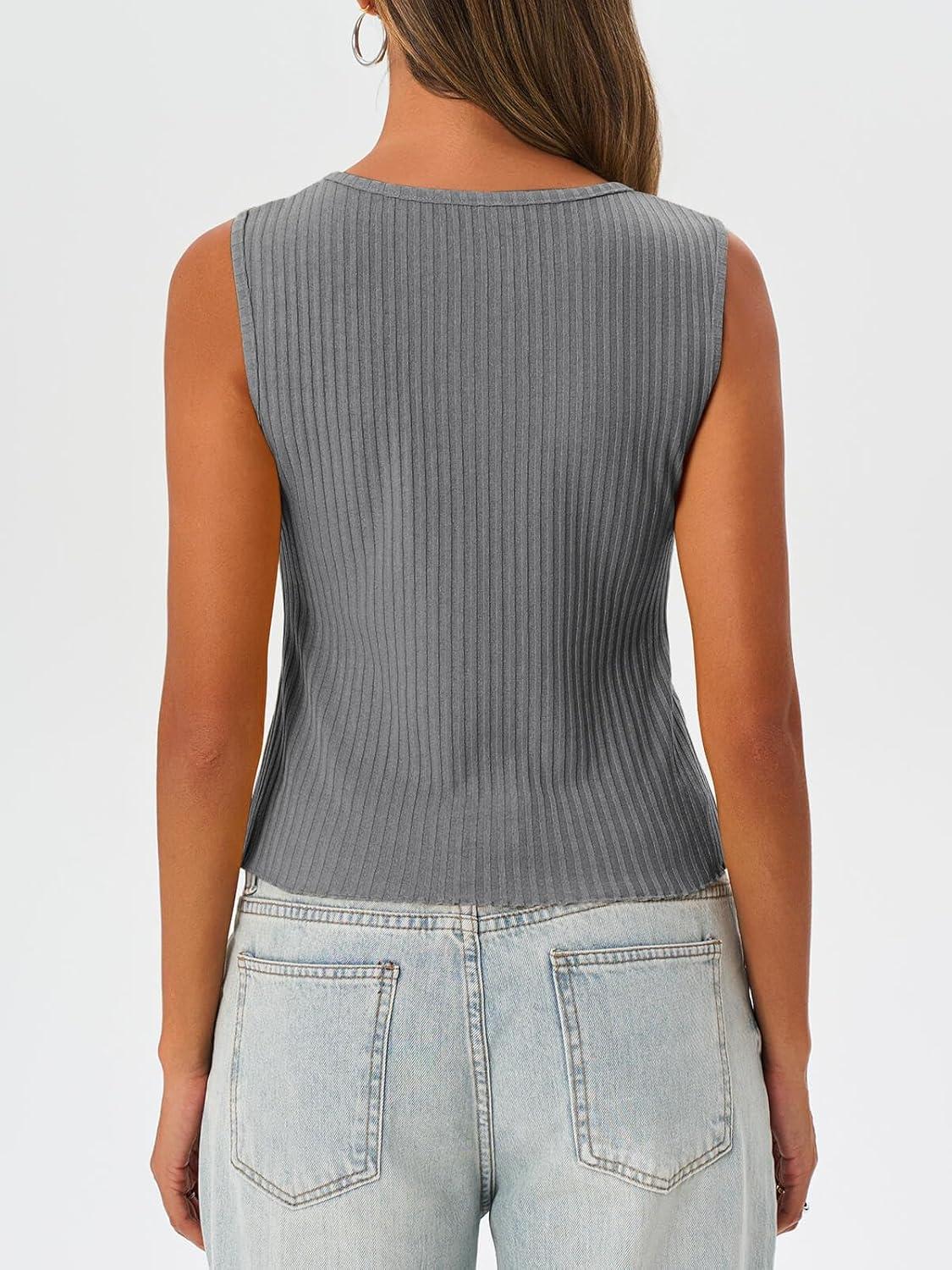 imageTankaneo Womens Going Out Tops Summer Cute Ribbed Tank Crop Button Up Vest Top Y2K Sexy OutfitsGrey