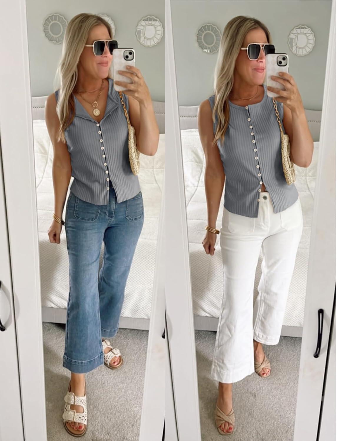 imageTankaneo Womens Going Out Tops Summer Cute Ribbed Tank Crop Button Up Vest Top Y2K Sexy OutfitsGrey