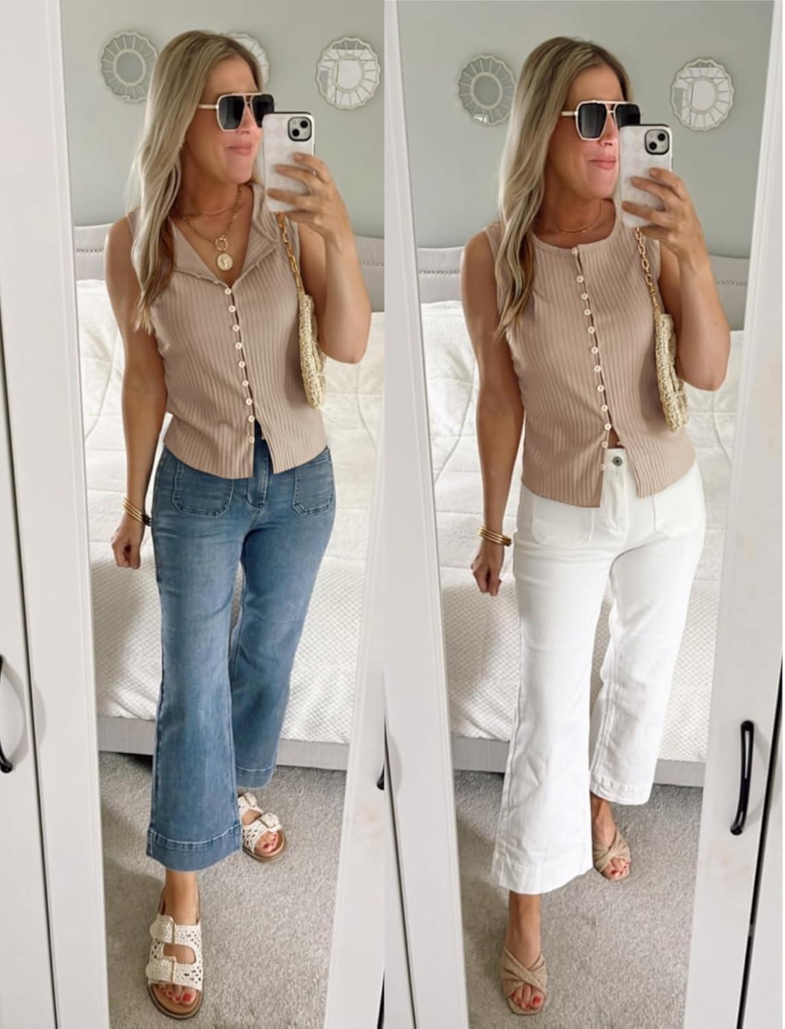 imageTankaneo Womens Going Out Tops Summer Cute Ribbed Tank Crop Button Up Vest Top Y2K Sexy OutfitsLight Khaki