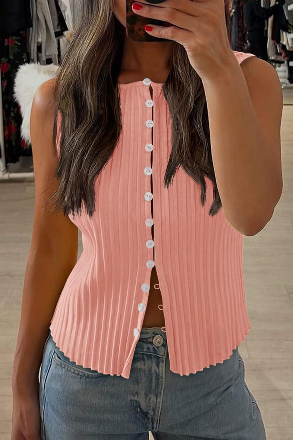 imageTankaneo Womens Going Out Tops Summer Cute Ribbed Tank Crop Button Up Vest Top Y2K Sexy OutfitsLight Pink