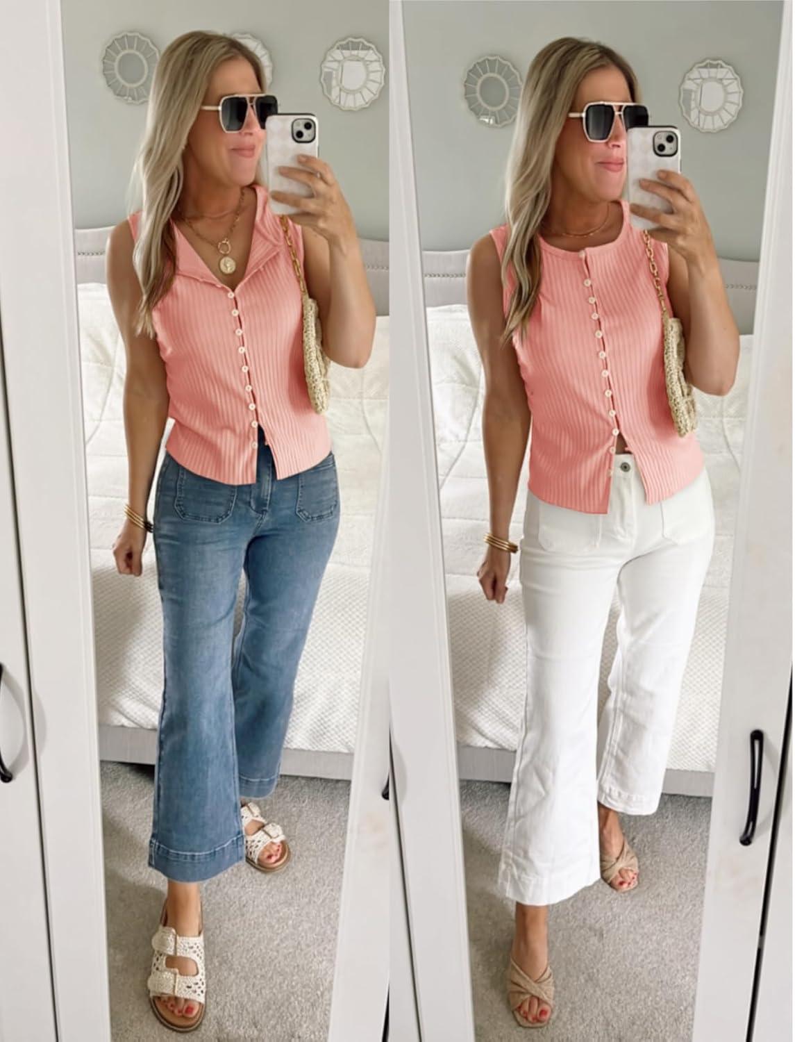 imageTankaneo Womens Going Out Tops Summer Cute Ribbed Tank Crop Button Up Vest Top Y2K Sexy OutfitsLight Pink