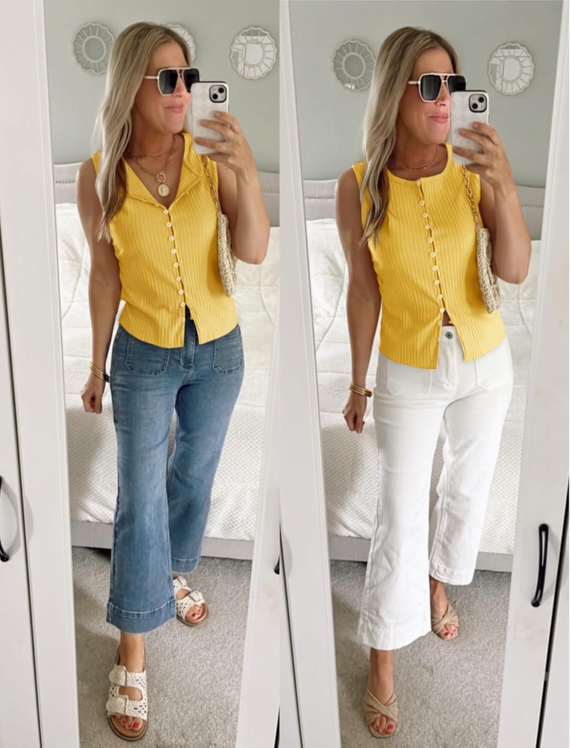 imageTankaneo Womens Going Out Tops Summer Cute Ribbed Tank Crop Button Up Vest Top Y2K Sexy OutfitsLight Yellow