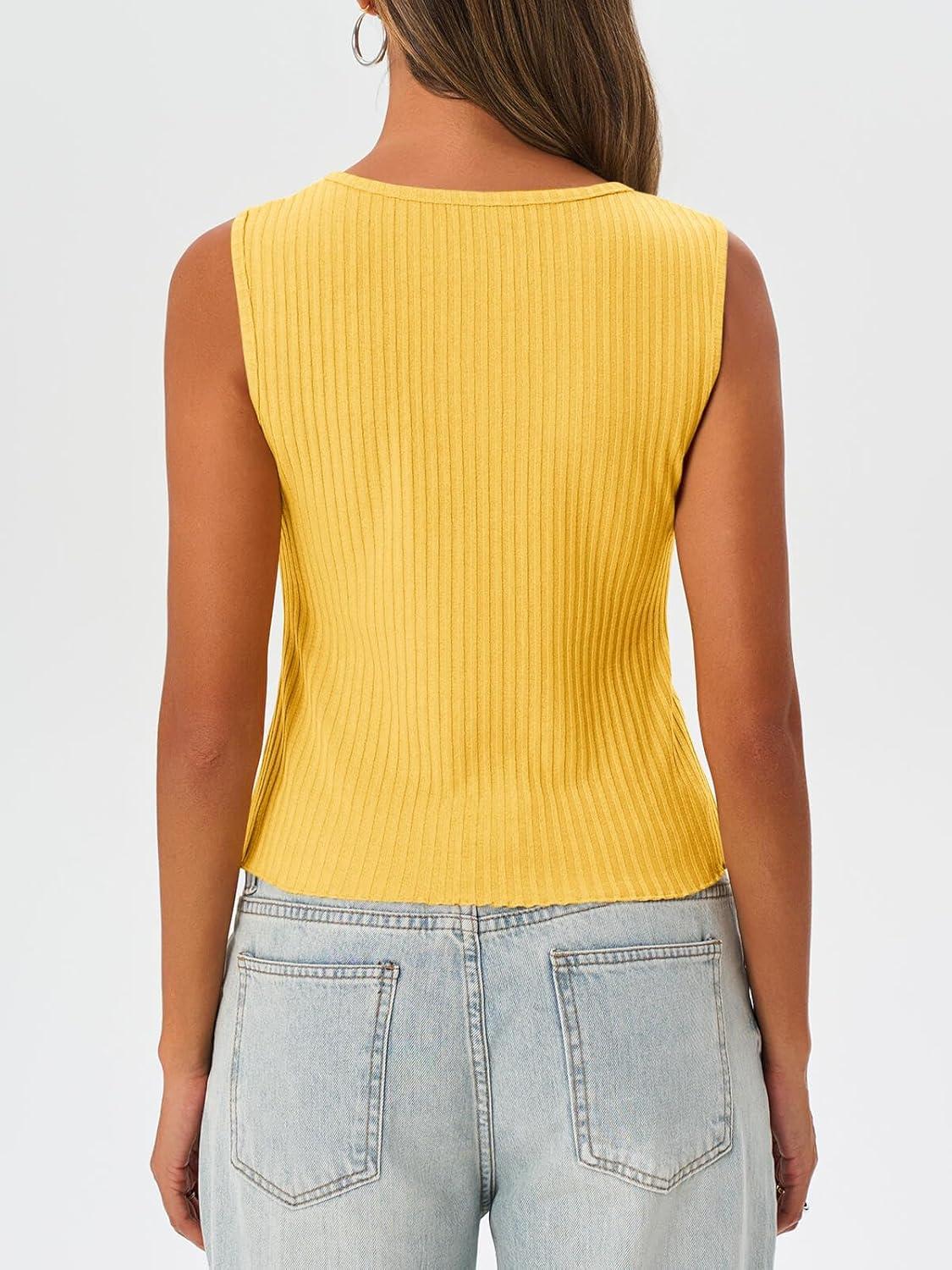 imageTankaneo Womens Going Out Tops Summer Cute Ribbed Tank Crop Button Up Vest Top Y2K Sexy OutfitsLight Yellow