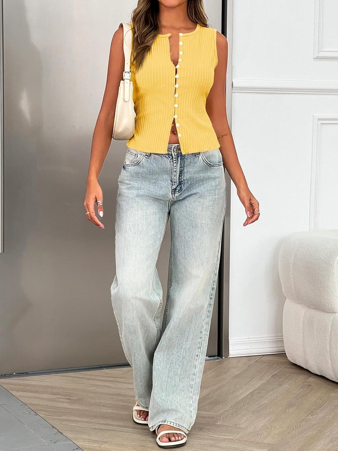 imageTankaneo Womens Going Out Tops Summer Cute Ribbed Tank Crop Button Up Vest Top Y2K Sexy OutfitsLight Yellow