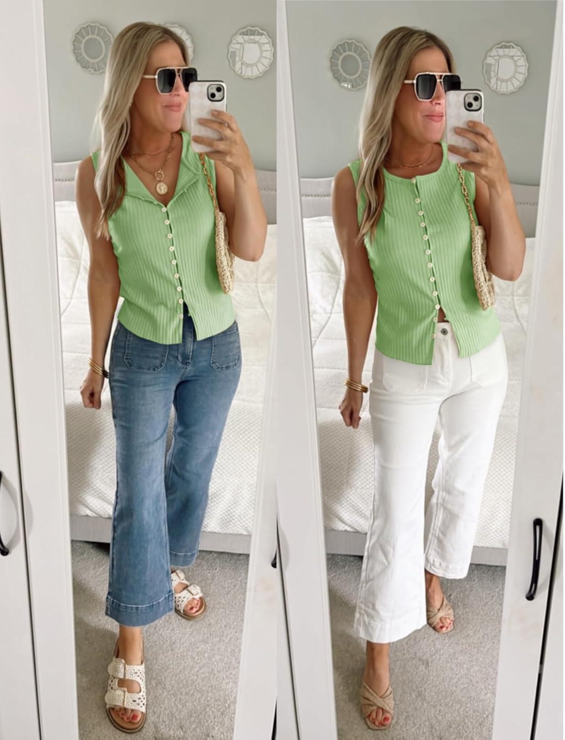 imageTankaneo Womens Going Out Tops Summer Cute Ribbed Tank Crop Button Up Vest Top Y2K Sexy OutfitsMint