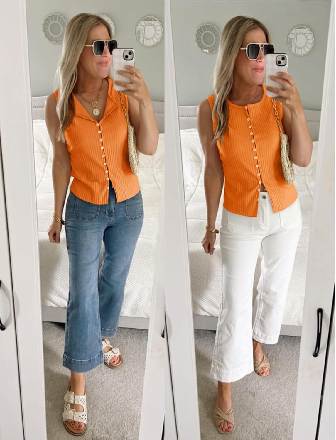 imageTankaneo Womens Going Out Tops Summer Cute Ribbed Tank Crop Button Up Vest Top Y2K Sexy OutfitsOrange