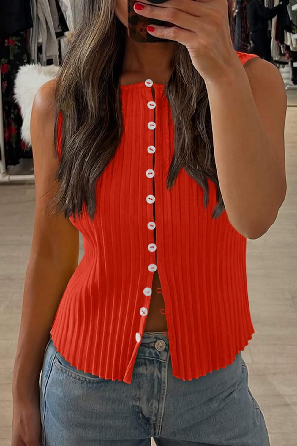 imageTankaneo Womens Going Out Tops Summer Cute Ribbed Tank Crop Button Up Vest Top Y2K Sexy OutfitsOrange Red