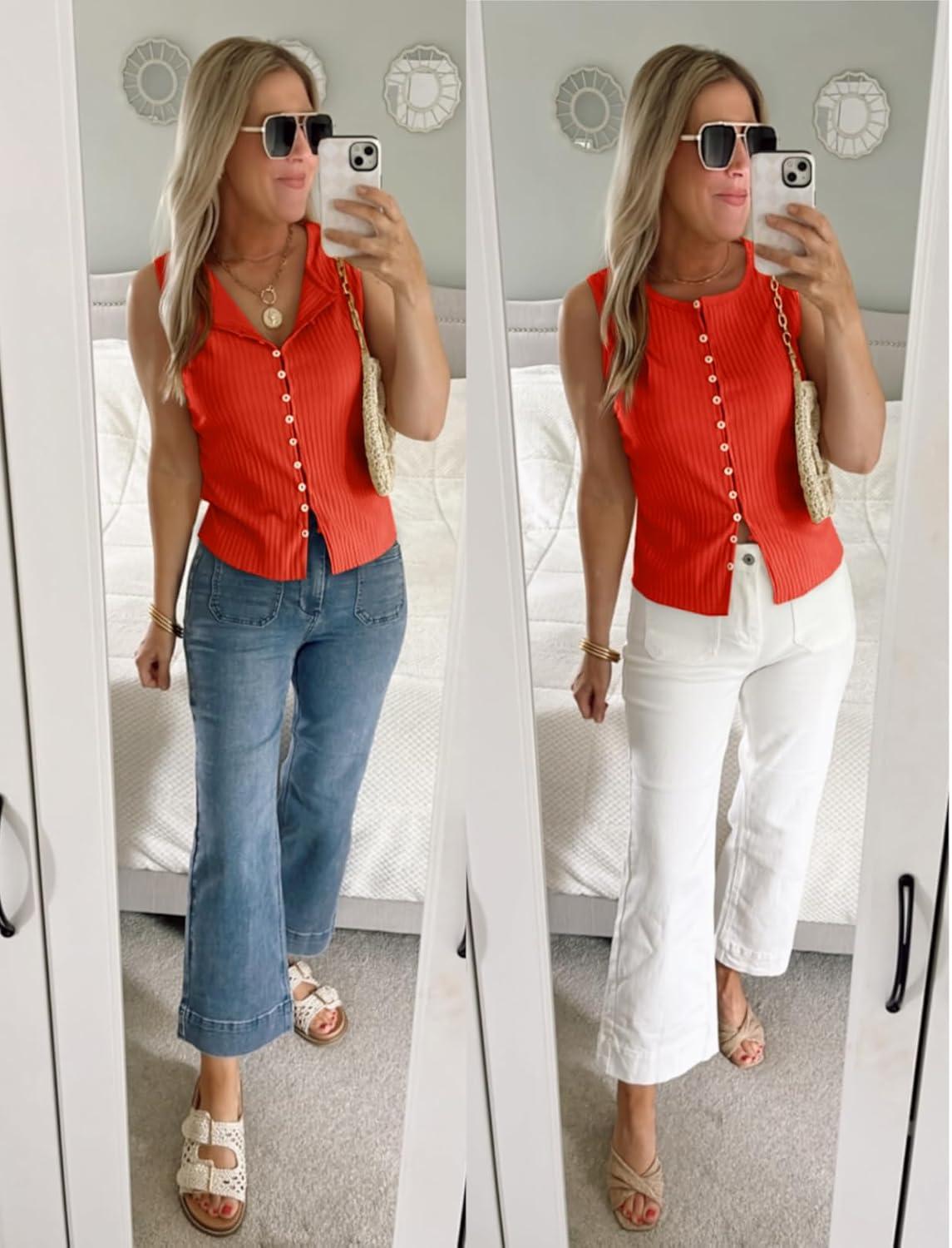 imageTankaneo Womens Going Out Tops Summer Cute Ribbed Tank Crop Button Up Vest Top Y2K Sexy OutfitsOrange Red