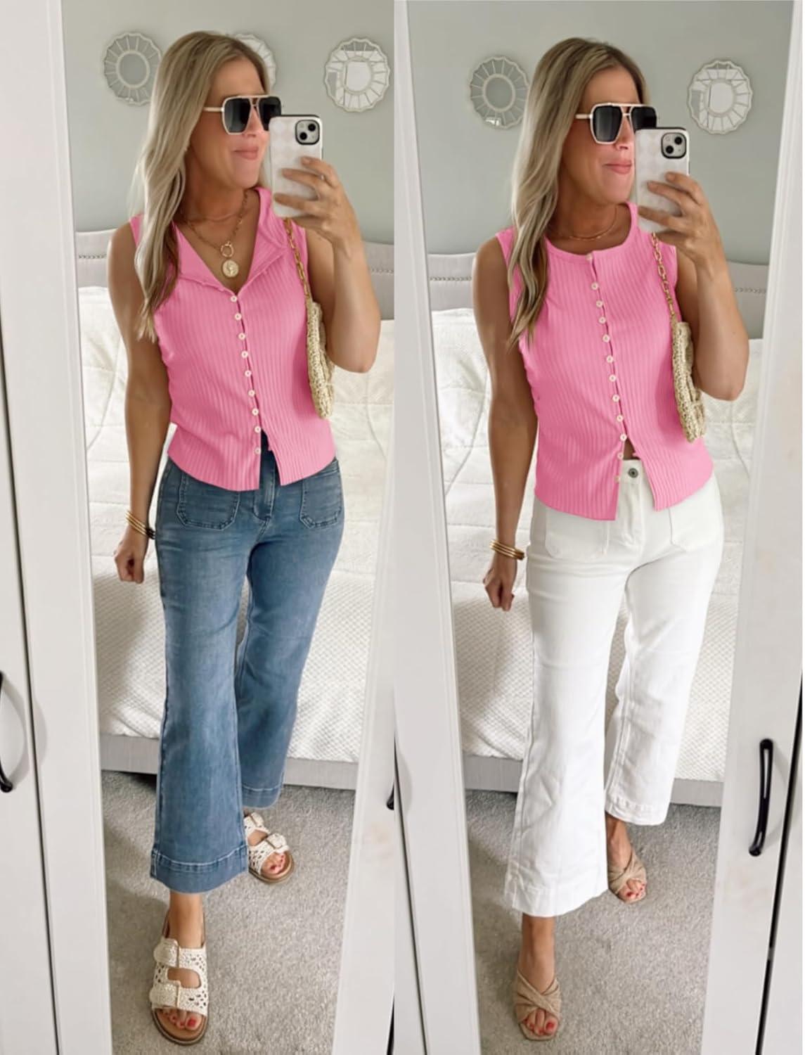 imageTankaneo Womens Going Out Tops Summer Cute Ribbed Tank Crop Button Up Vest Top Y2K Sexy OutfitsPink