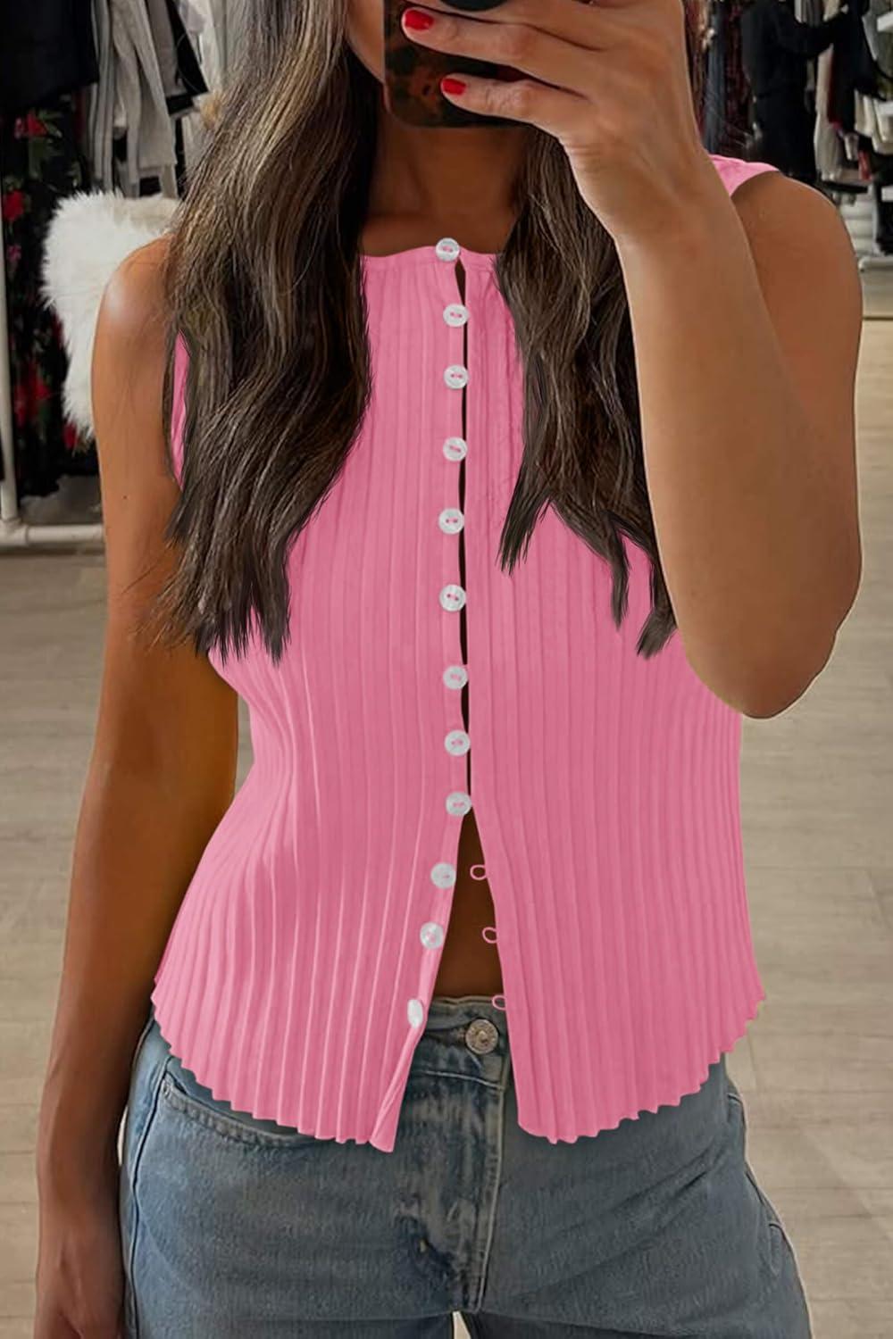 imageTankaneo Womens Going Out Tops Summer Cute Ribbed Tank Crop Button Up Vest Top Y2K Sexy OutfitsPink