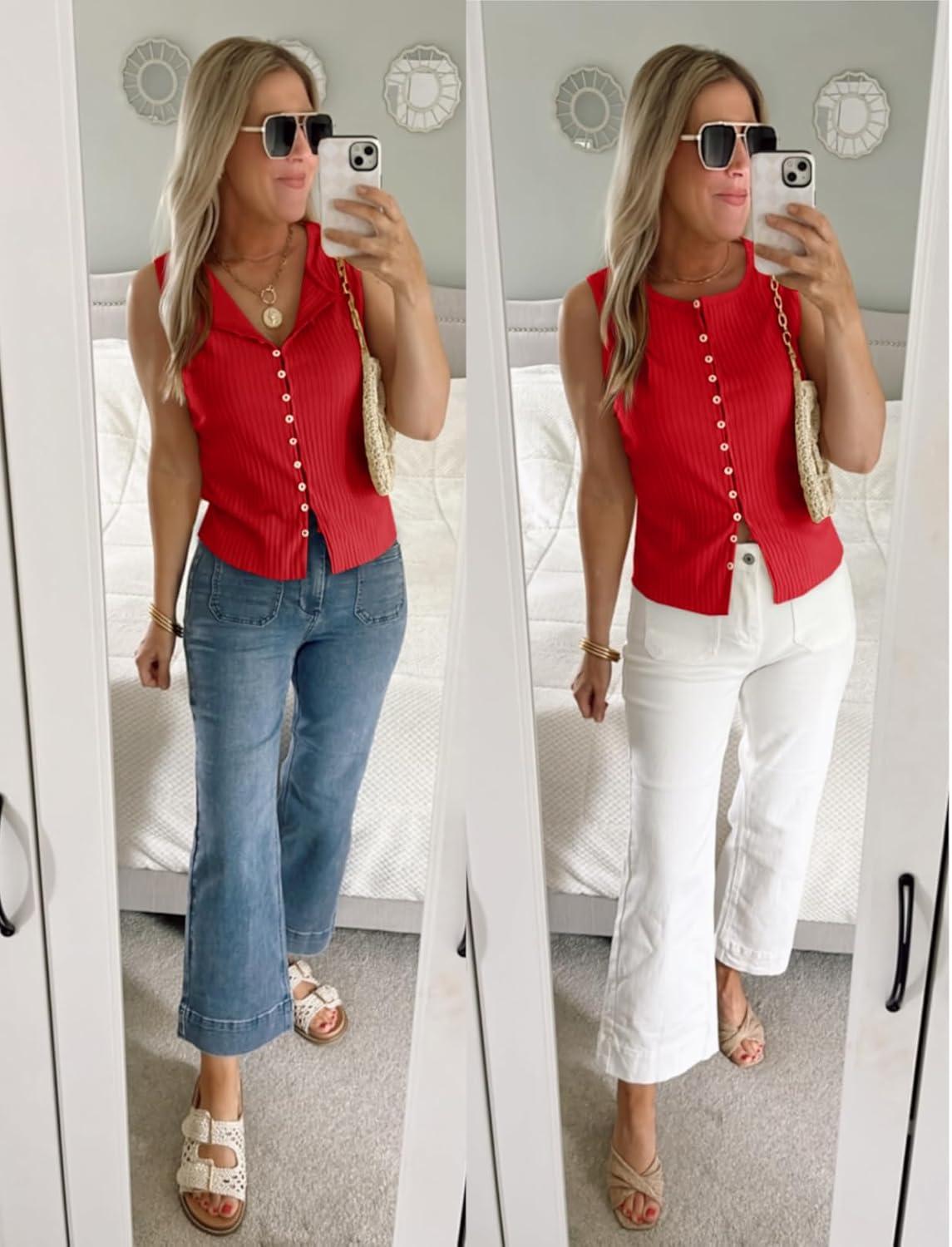 imageTankaneo Womens Going Out Tops Summer Cute Ribbed Tank Crop Button Up Vest Top Y2K Sexy OutfitsRed