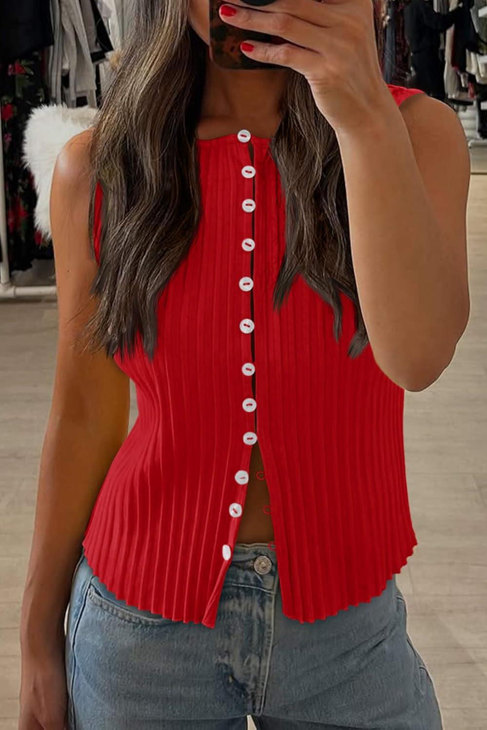 imageTankaneo Womens Going Out Tops Summer Cute Ribbed Tank Crop Button Up Vest Top Y2K Sexy OutfitsRed