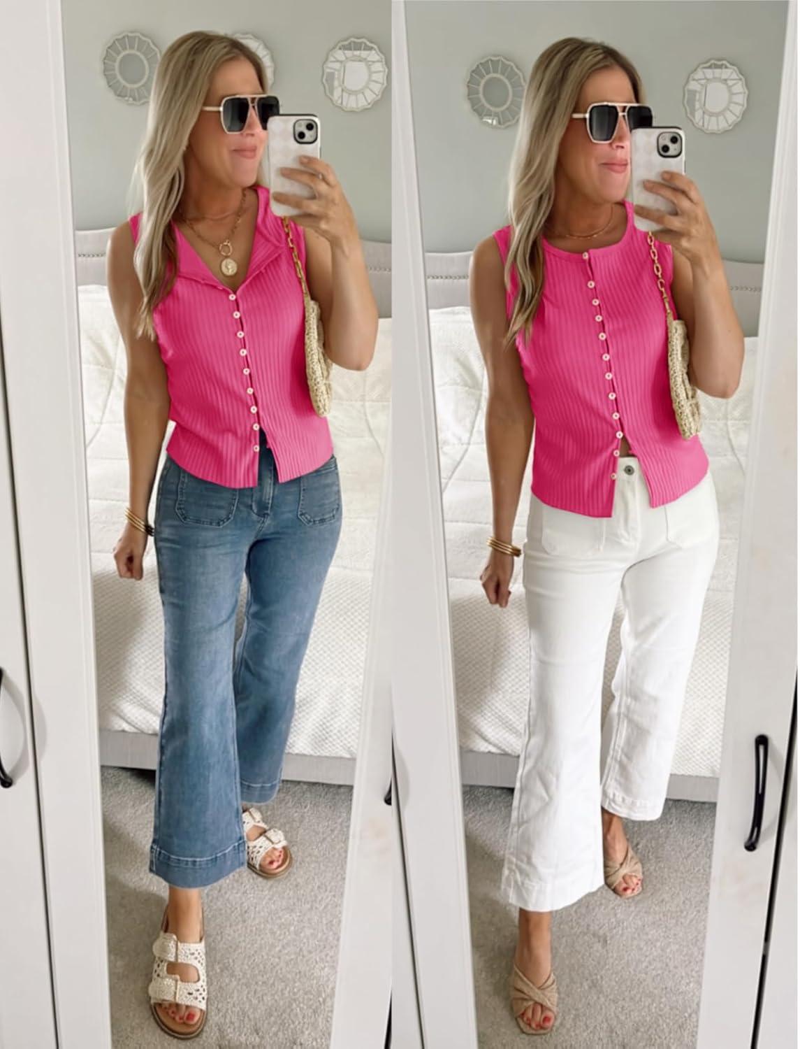 imageTankaneo Womens Going Out Tops Summer Cute Ribbed Tank Crop Button Up Vest Top Y2K Sexy OutfitsRose Red