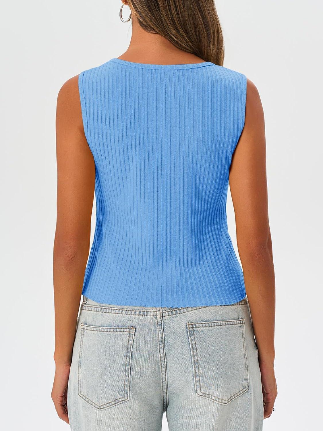 imageTankaneo Womens Going Out Tops Summer Cute Ribbed Tank Crop Button Up Vest Top Y2K Sexy OutfitsSky Blue