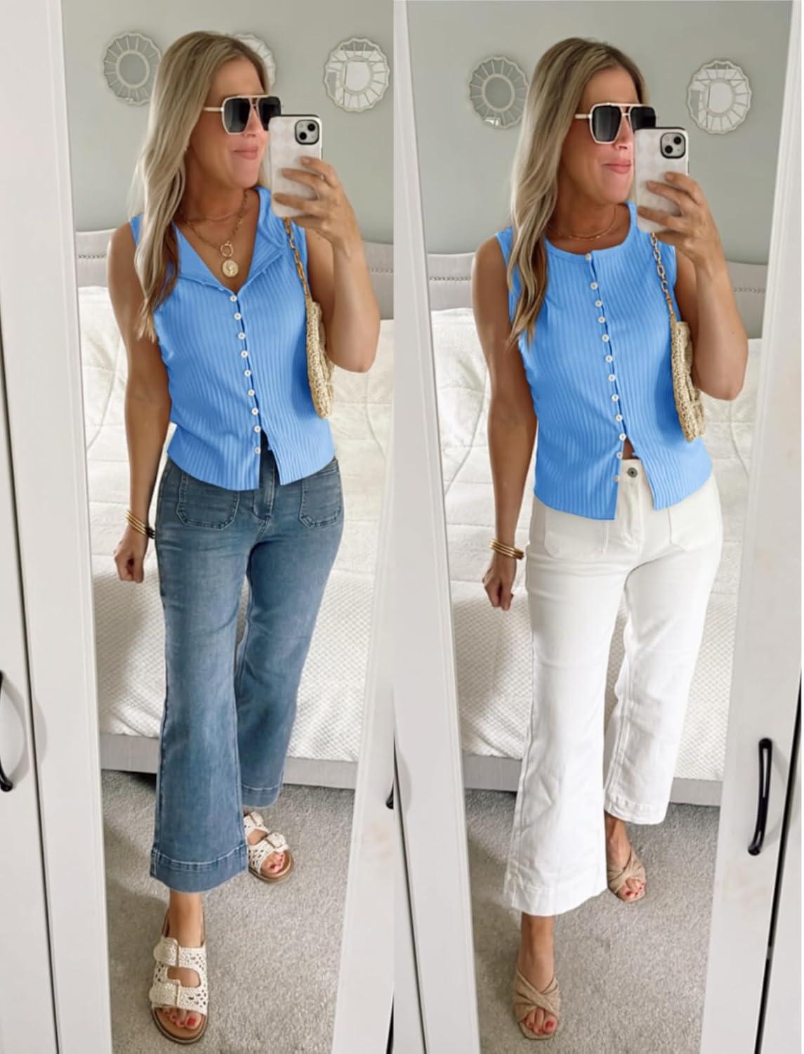 imageTankaneo Womens Going Out Tops Summer Cute Ribbed Tank Crop Button Up Vest Top Y2K Sexy OutfitsSky Blue