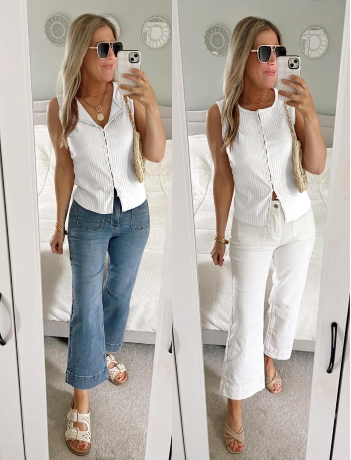 imageTankaneo Womens Going Out Tops Summer Cute Ribbed Tank Crop Button Up Vest Top Y2K Sexy OutfitsWhite