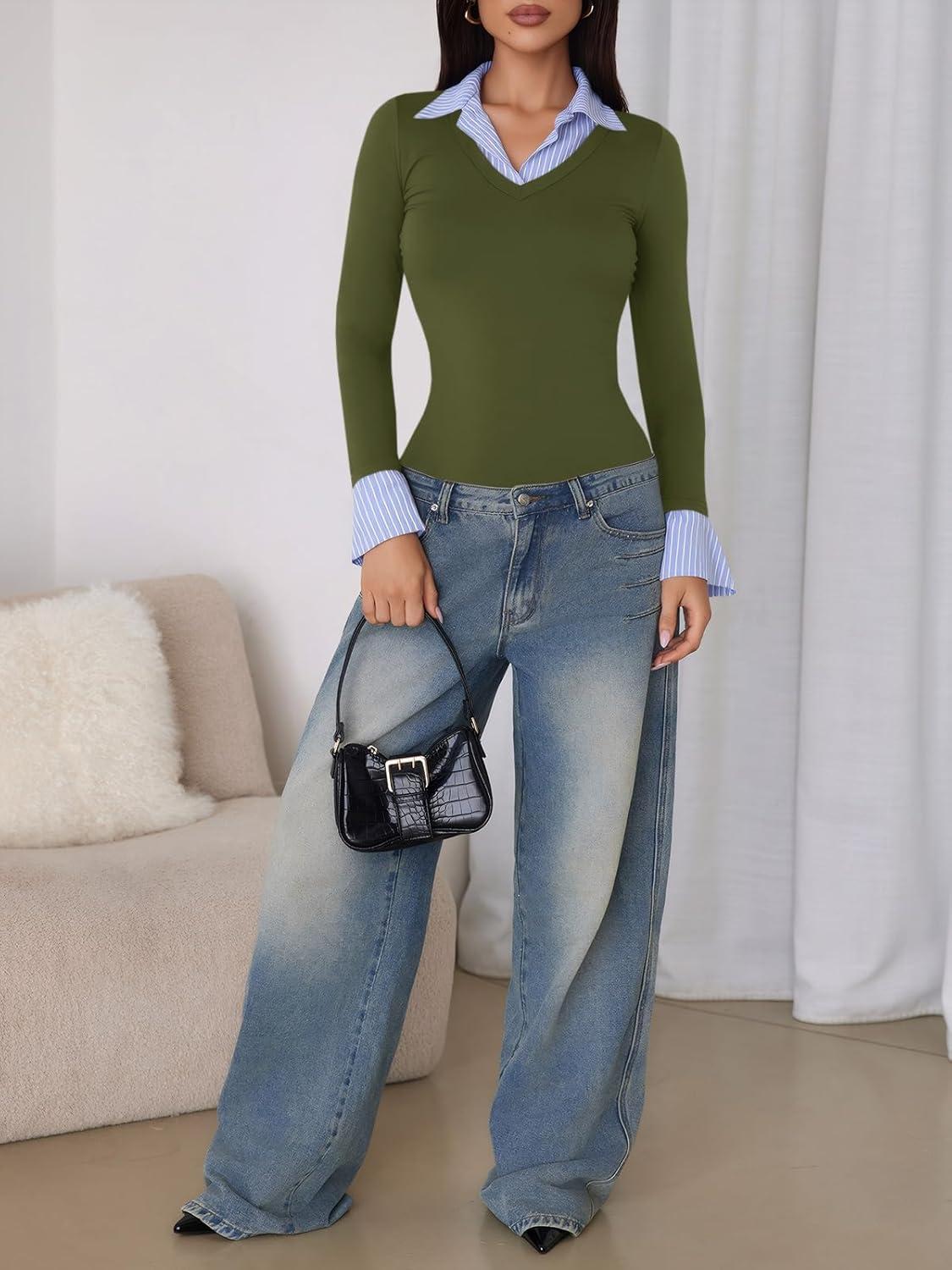 imageTankaneo Womens Long Sleeve Polo Shirts Business Casual Work Tops Slim Fit V Neck Collared Patchwork Fall OutfitsArmy Green