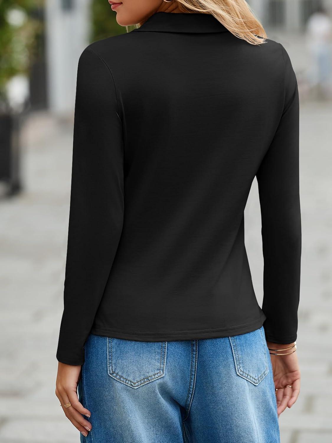 imageTankaneo Womens Long Sleeve Polo Shirts Business Work Casual V Neck Collared Tops Button Down Loose Fit Tees ShirtsBlack