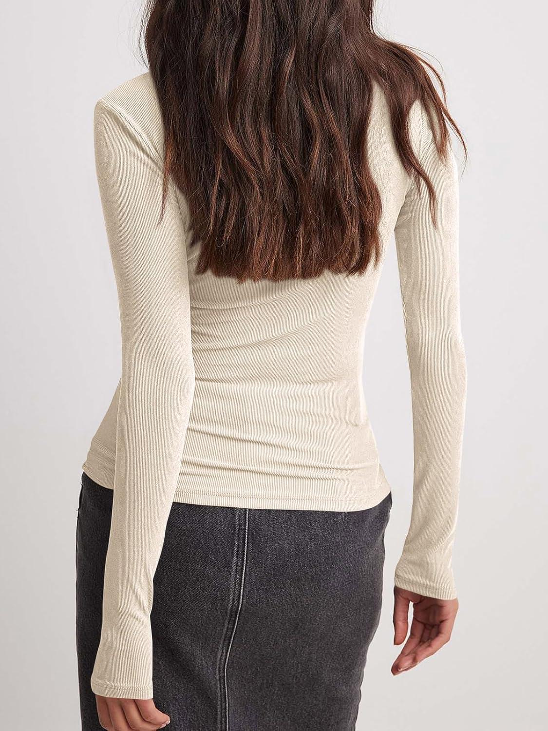 imageTankaneo Womens Long Sleeve Polo Shirts V Neck Collared Work Shirt Slim Fit Ribbed Knit Basic Going Out Fall TopsApricot