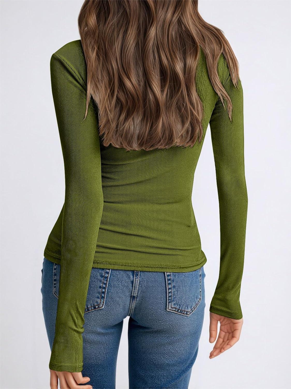 imageTankaneo Womens Long Sleeve Polo Shirts V Neck Collared Work Shirt Slim Fit Ribbed Knit Basic Going Out Fall TopsArmy Green