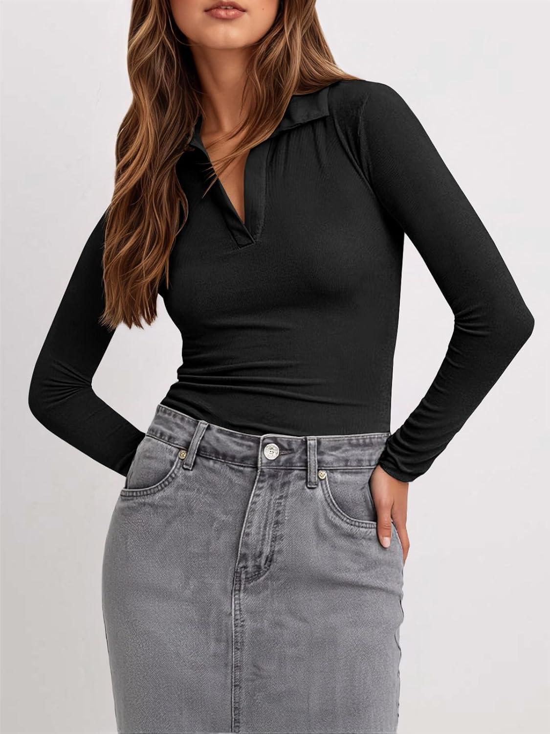 imageTankaneo Womens Long Sleeve Polo Shirts V Neck Collared Work Shirt Slim Fit Ribbed Knit Basic Going Out Fall TopsBlack