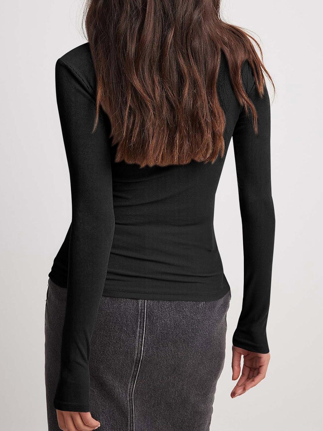 imageTankaneo Womens Long Sleeve Polo Shirts V Neck Collared Work Shirt Slim Fit Ribbed Knit Basic Going Out Fall TopsBlack