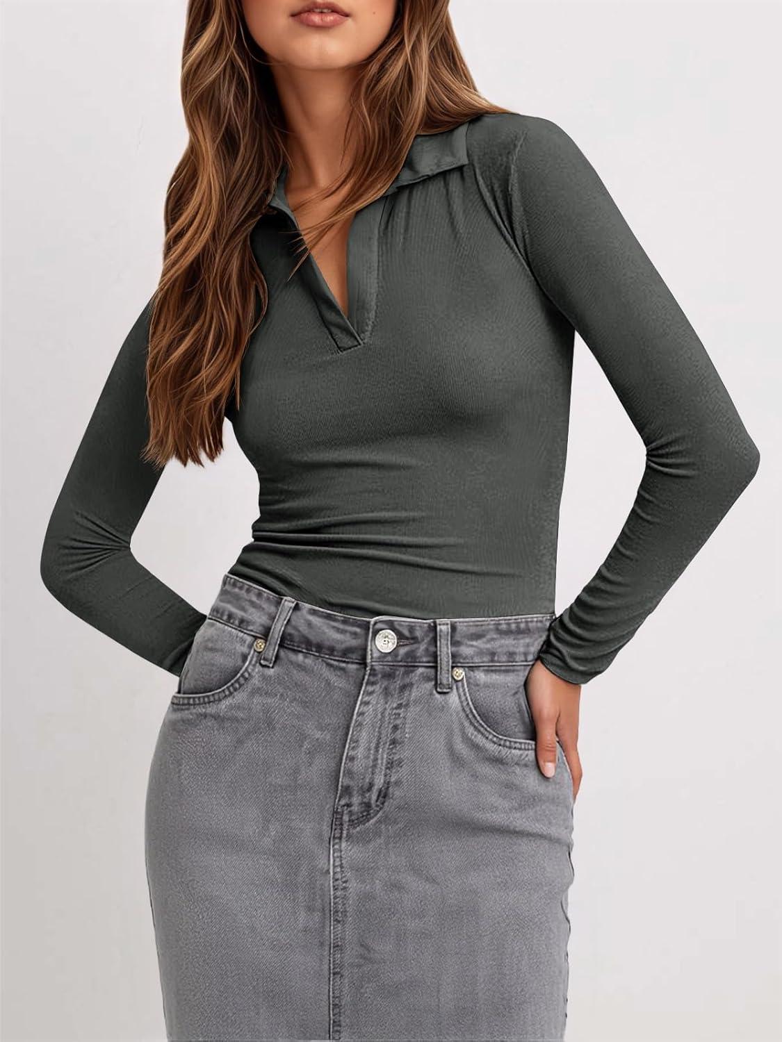 imageTankaneo Womens Long Sleeve Polo Shirts V Neck Collared Work Shirt Slim Fit Ribbed Knit Basic Going Out Fall TopsDark Gray