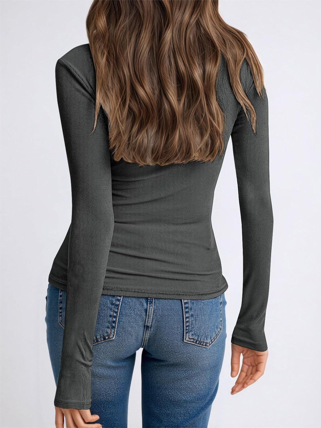 imageTankaneo Womens Long Sleeve Polo Shirts V Neck Collared Work Shirt Slim Fit Ribbed Knit Basic Going Out Fall TopsDark Gray