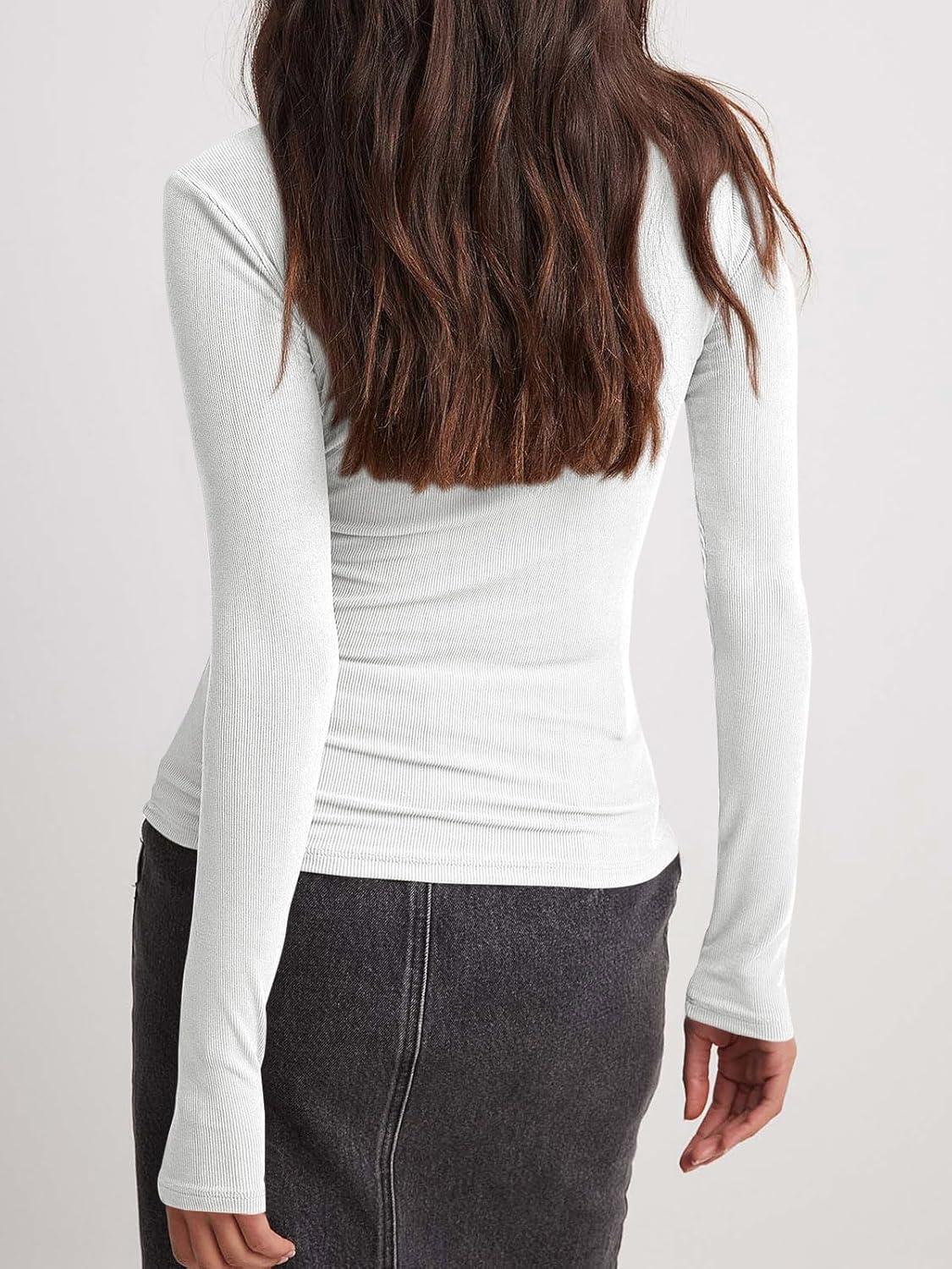 imageTankaneo Womens Long Sleeve Polo Shirts V Neck Collared Work Shirt Slim Fit Ribbed Knit Basic Going Out Fall TopsWhite