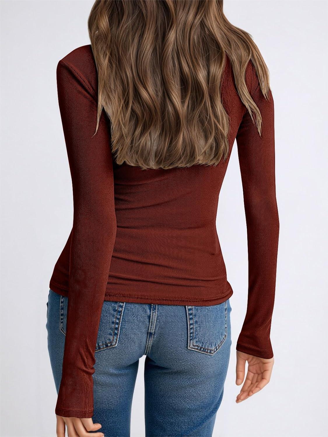 imageTankaneo Womens Long Sleeve Polo Shirts V Neck Collared Work Shirt Slim Fit Ribbed Knit Basic Going Out Fall TopsWine Red