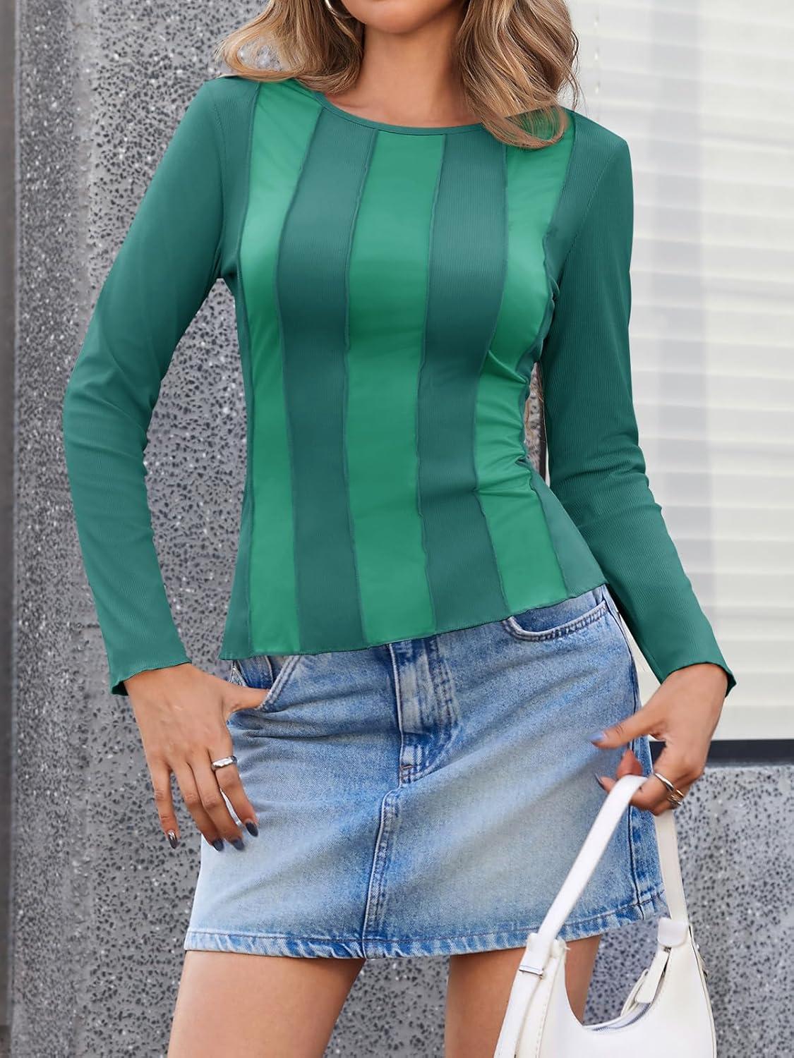 imageTankaneo Womens Long Sleeve TShirts Tops Striped Color Block Ribbed Slim Fitted Shirt Fall Fashion Going Out Y2K Tops 2025Dark Green