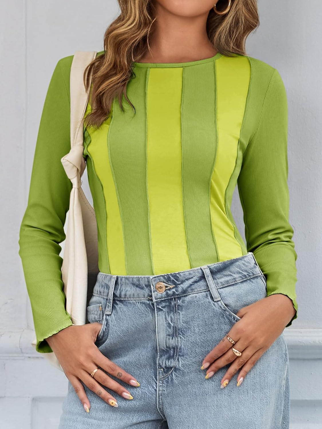 imageTankaneo Womens Long Sleeve TShirts Tops Striped Color Block Ribbed Slim Fitted Shirt Fall Fashion Going Out Y2K Tops 2025Light Green